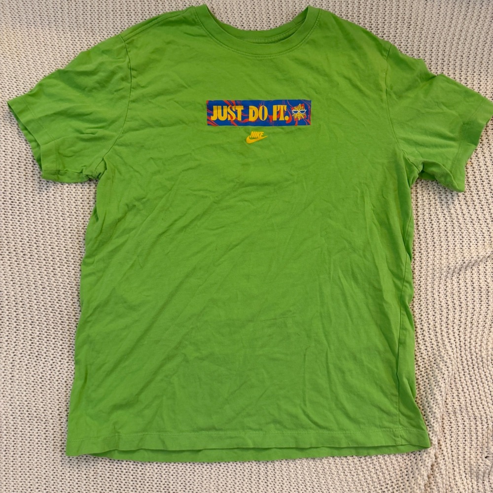 Nike Just Do It Graphic T-Shirt Mens Large Lime Green Sun Logo Short Sleeve Tee
